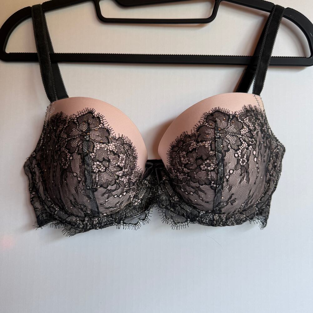 Victoria Secret Dream Angels Pink Black Lace Demi Bra 32DD Y2K 2012 Coquette
